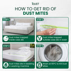 dust mites die when they are trapped inside the dust mite proof bedding and anyoutside are killed in a 60 degree wash
