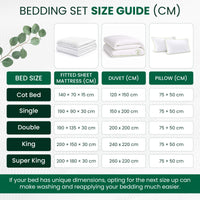 Bedding set size guide with dimensions for different bed sizes in centimeters.