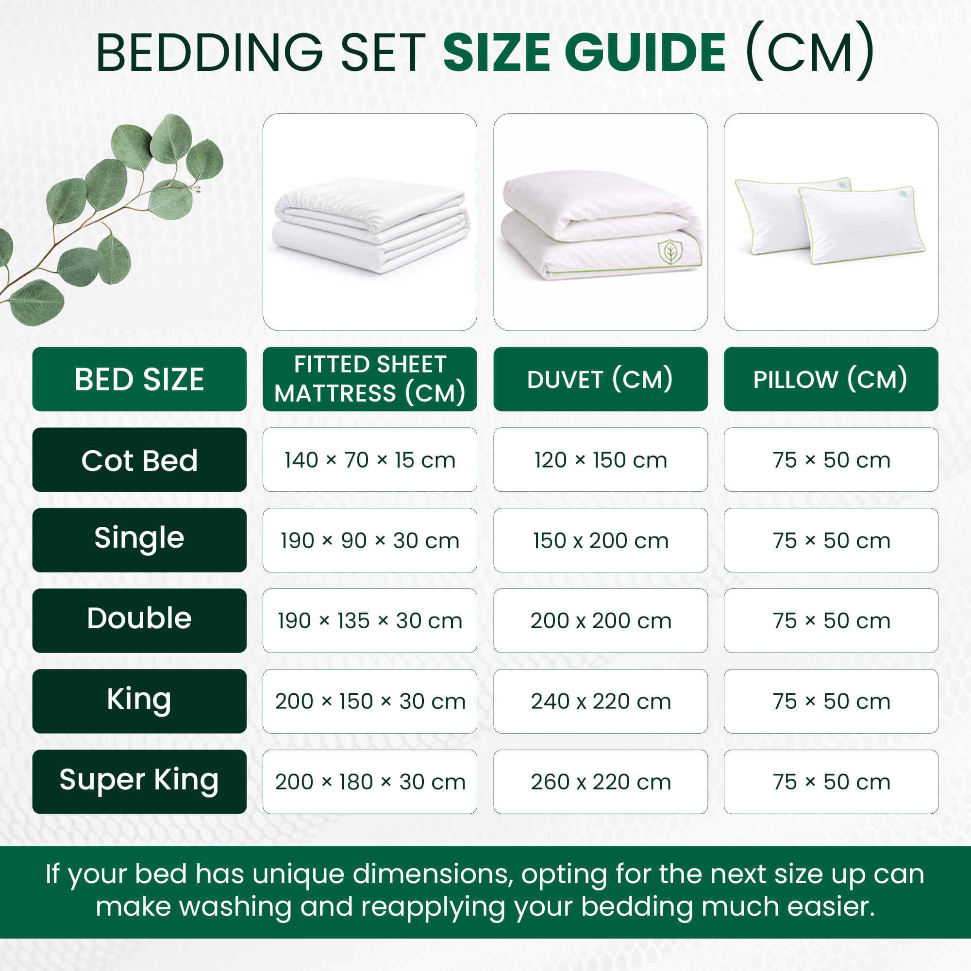 Bedding set size guide with dimensions for different bed sizes in centimeters.