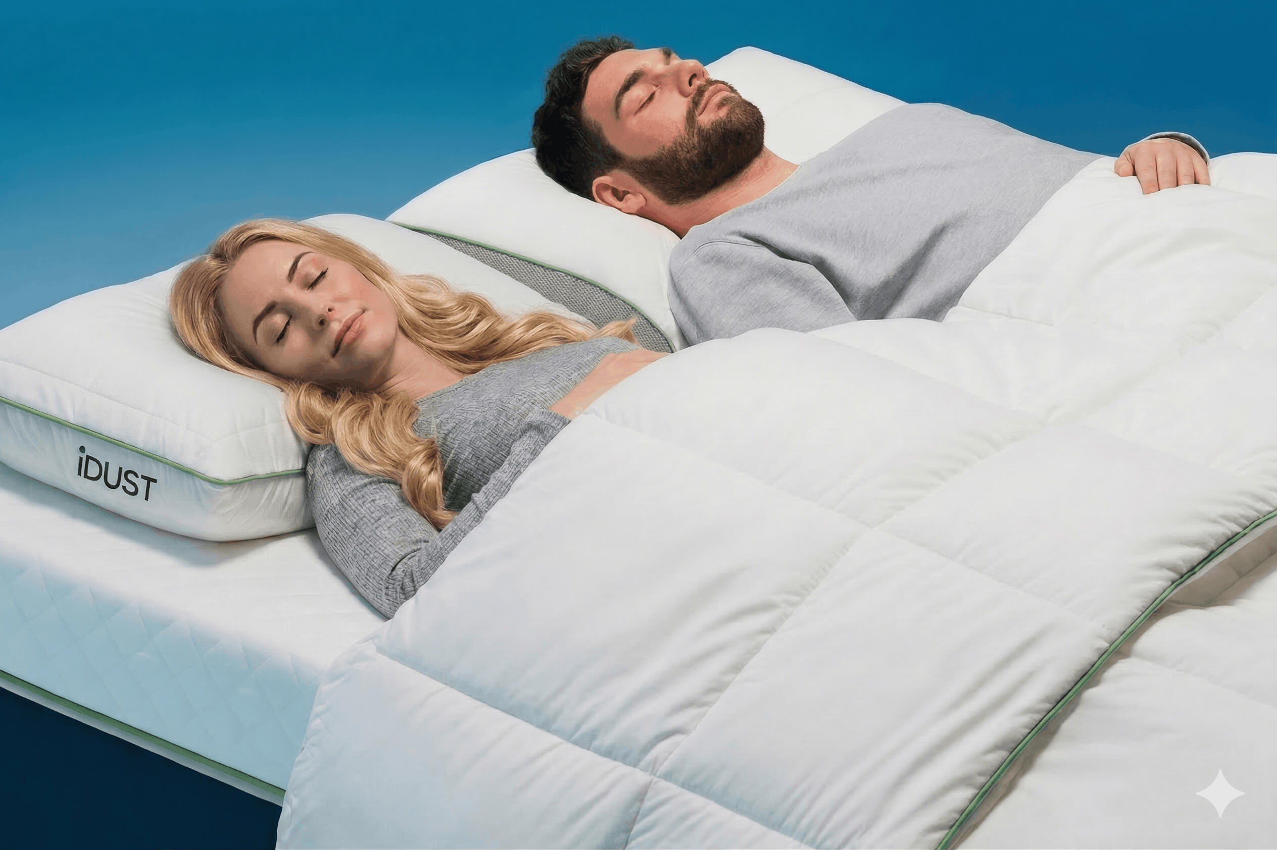 Two people lying in bed with iDustMite pillow duvet and encasements