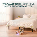 iDustMite vacuum cleaner on a bed with text about allergen control in a bedroom setting