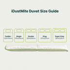 iDustMite anti dust mite duvet size guide showing UK sizes from cot bed to super king