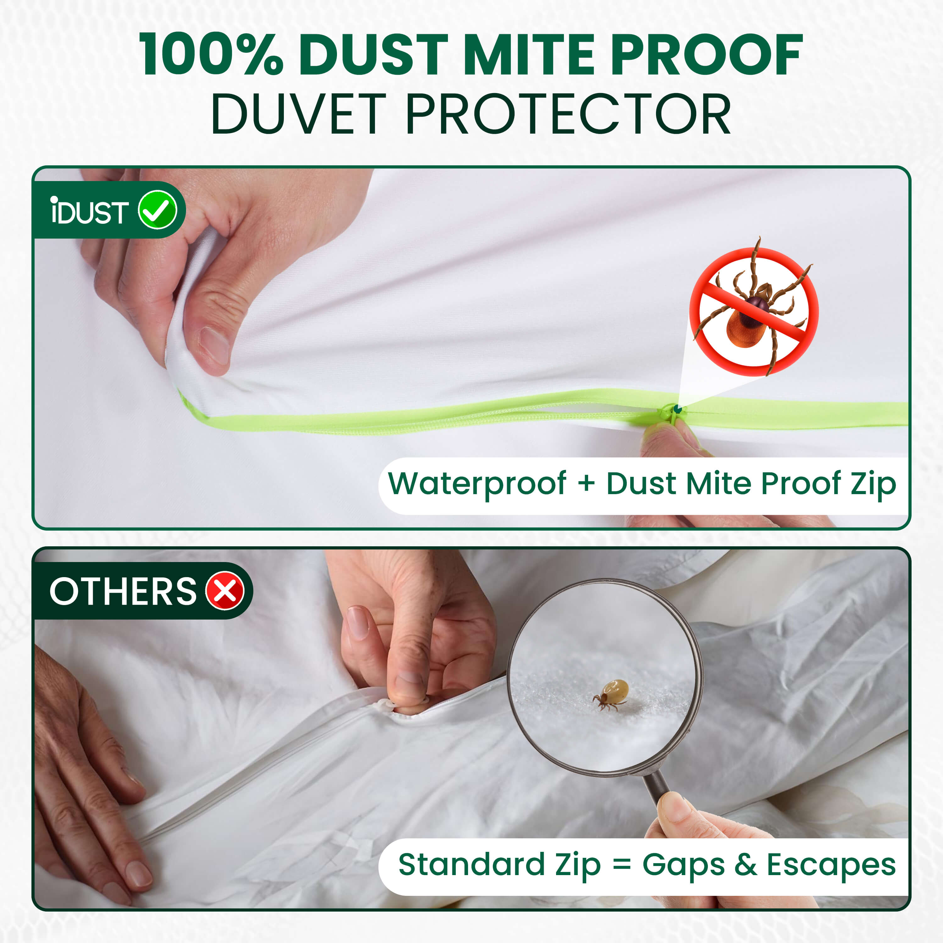 Luxury Eucalyptus Silk duvet encasement with airtight zip forming a full dust-mite barrier for allergy relief.