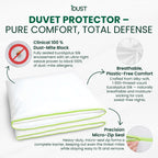iDustMite Duvet Protector highlighting 100 % dust-mite block, breathable plastic-free comfort, and precision micro-zip seal for allergy-free sleep