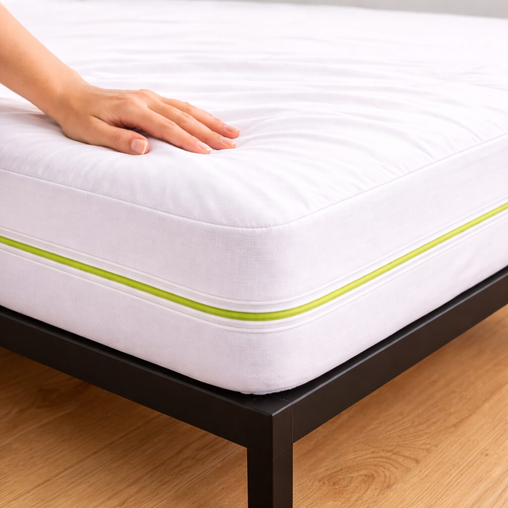 Wite mattress protector with zip and a hand touching to the silky surface topside