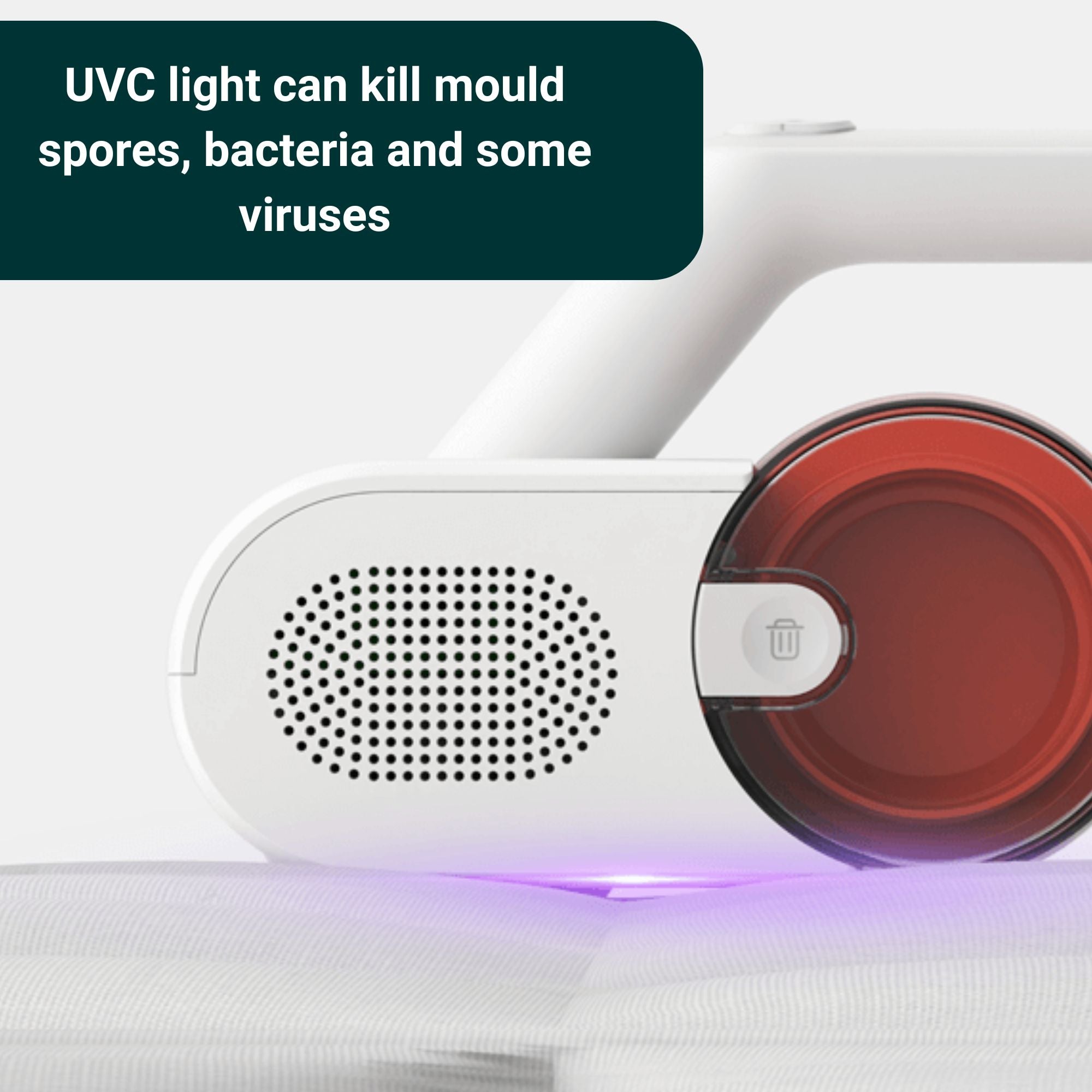 Dust mite vacuum with UVC sterilisation lamp killing viruses and bacteria