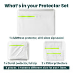 What's in the iDustMite dust mite protector set: 1 mattress protector zip sealed on all 6 sides, 1 duvet protector with full zip, 2 pillow protectors. 4 pieces, choose a different size for each item
