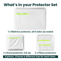 What's in the iDustMite dust mite protector set: 1 mattress protector zip sealed on all 6 sides, 1 duvet protector with full zip, 2 pillow protectors. 4 pieces, choose a different size for each item